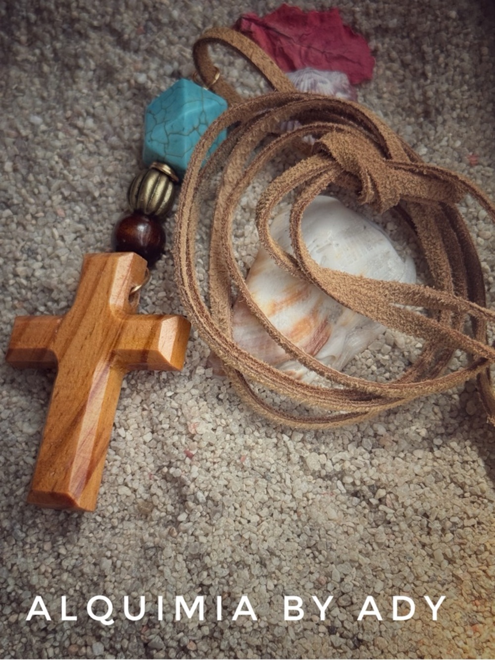 Brutalist + Turquoise Bead Wooden Cross LONG Suede Necklace